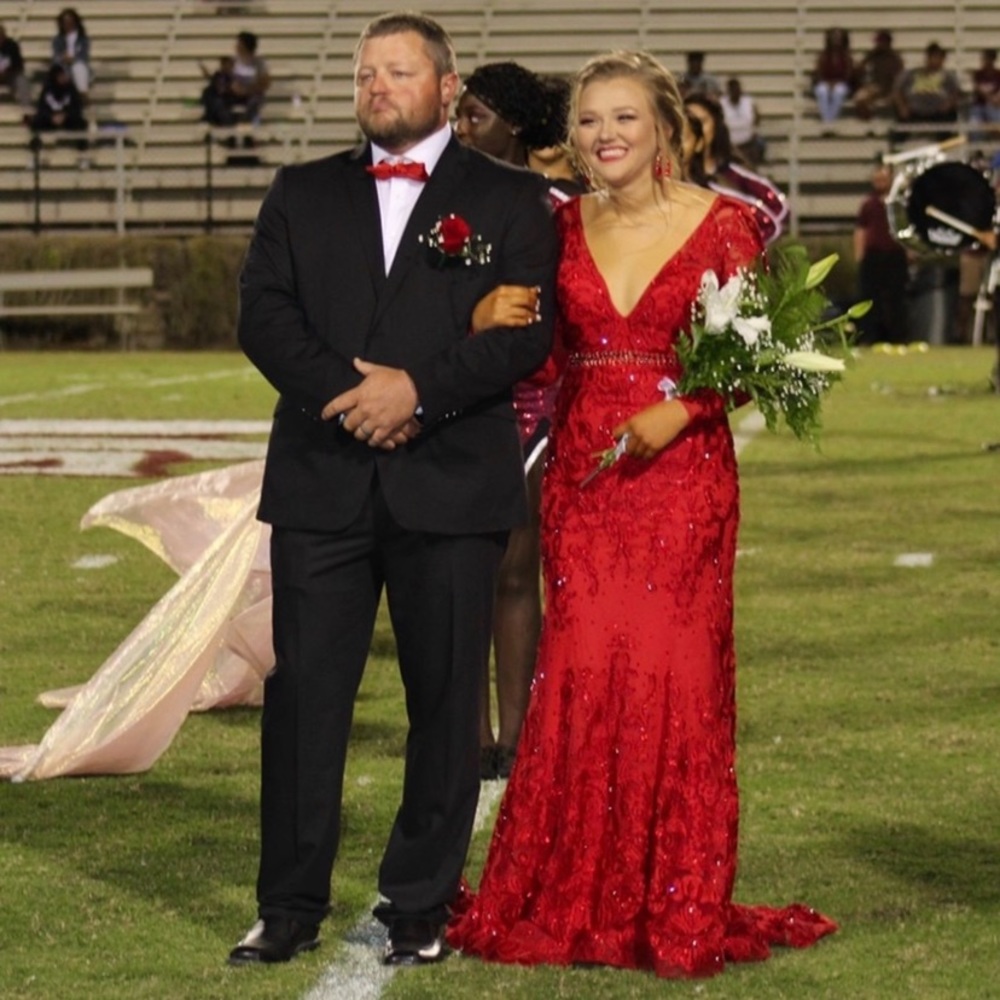 Red MacDuggal prom dress